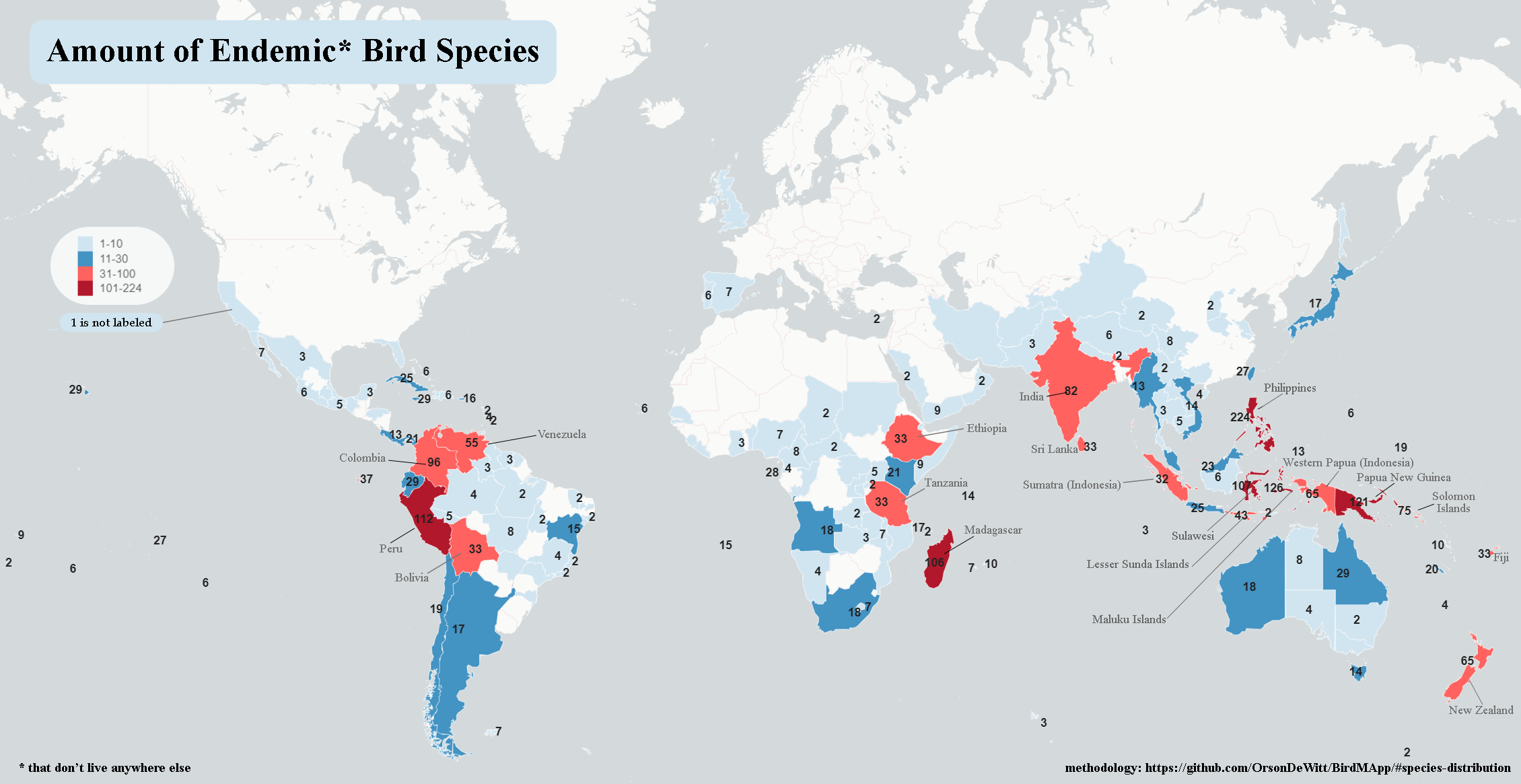Endemic Bird Species Around the World (Exploring BirdMApp Data, Part #1)